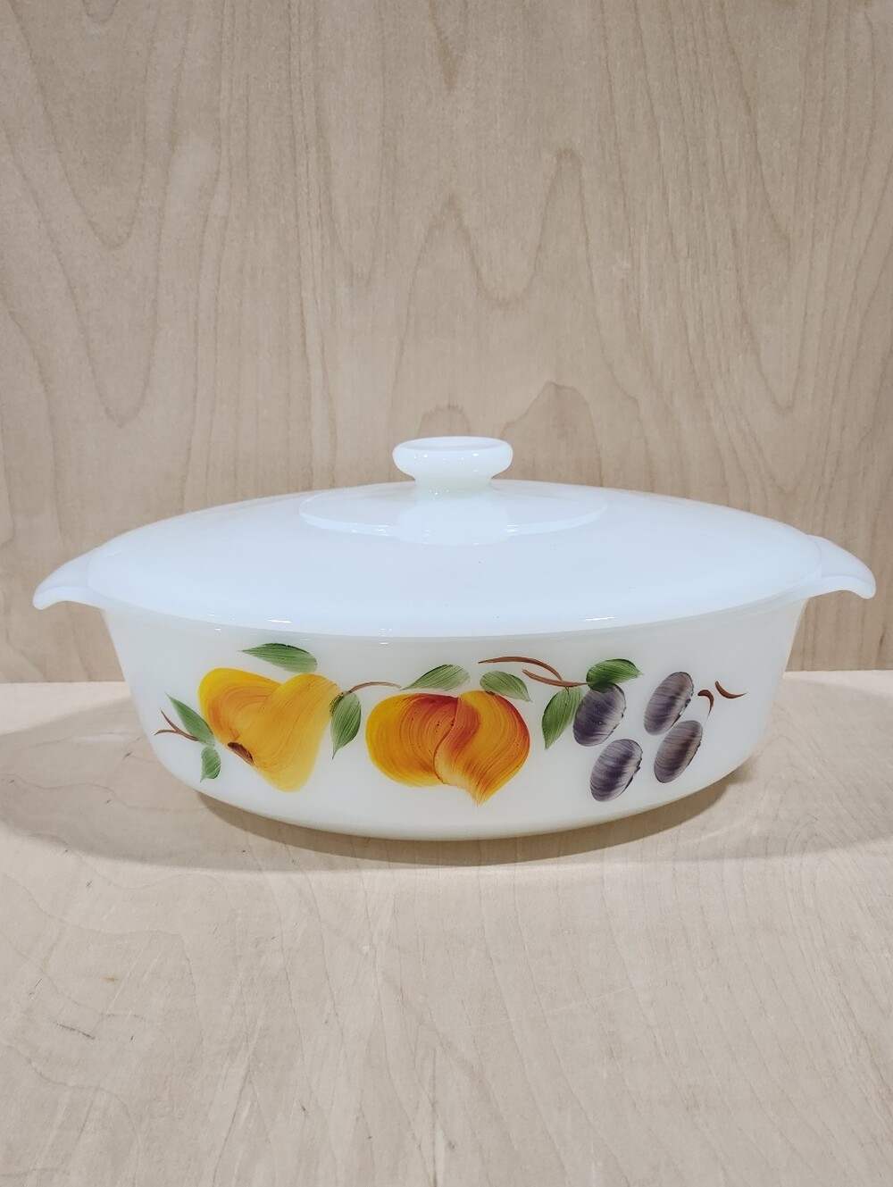 Vintage Fire King Painted Fruit 438 2QT Casserole Dish & Lid Anchor Hocking VTG